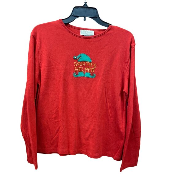 Xmas Santas Helper Novelty Tshirt MC Sportswear L Red Elf Rhinestones Kitschy - Picture 10 of 10